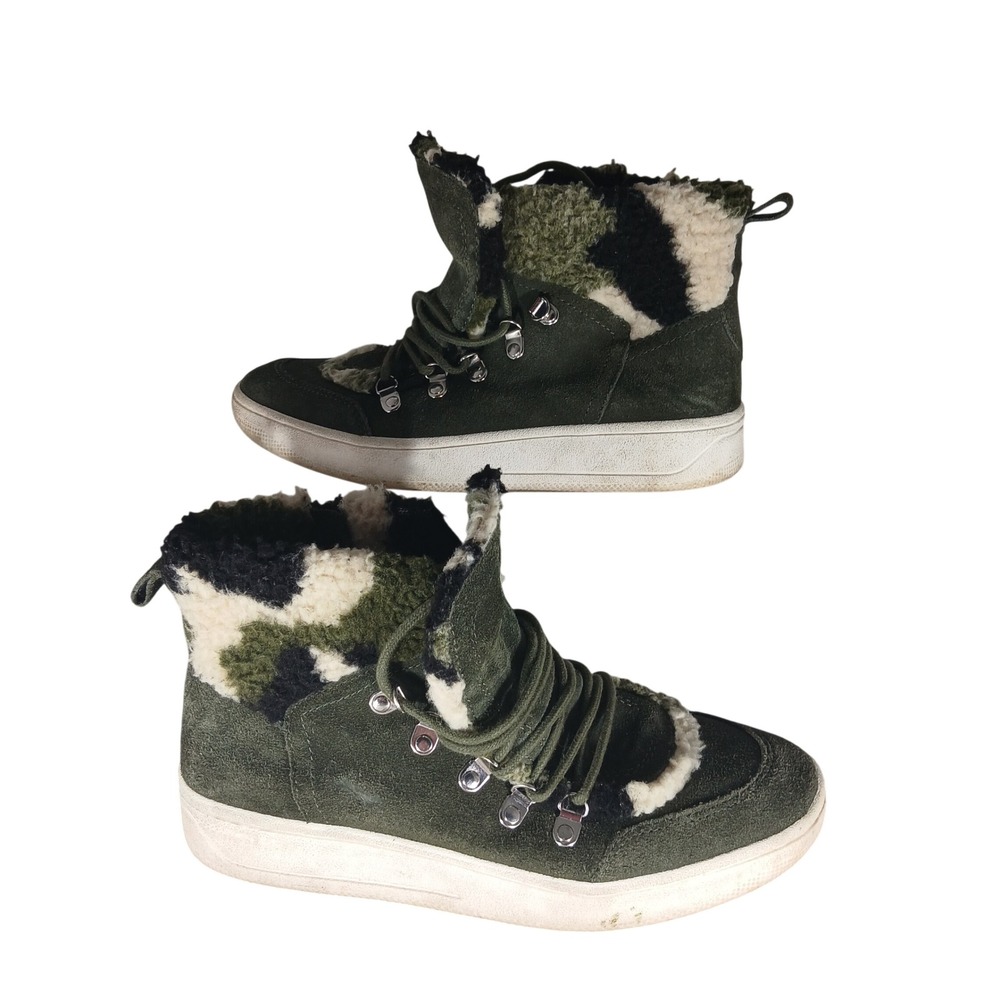Steve Madden Debora Olive Green Suede‎ Camo Faux Fur High Top Sneaker Boots 7M